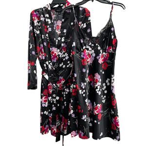 AMBRIELLE VTG Satin nightgown robe set Valentine’s black red floral sz L